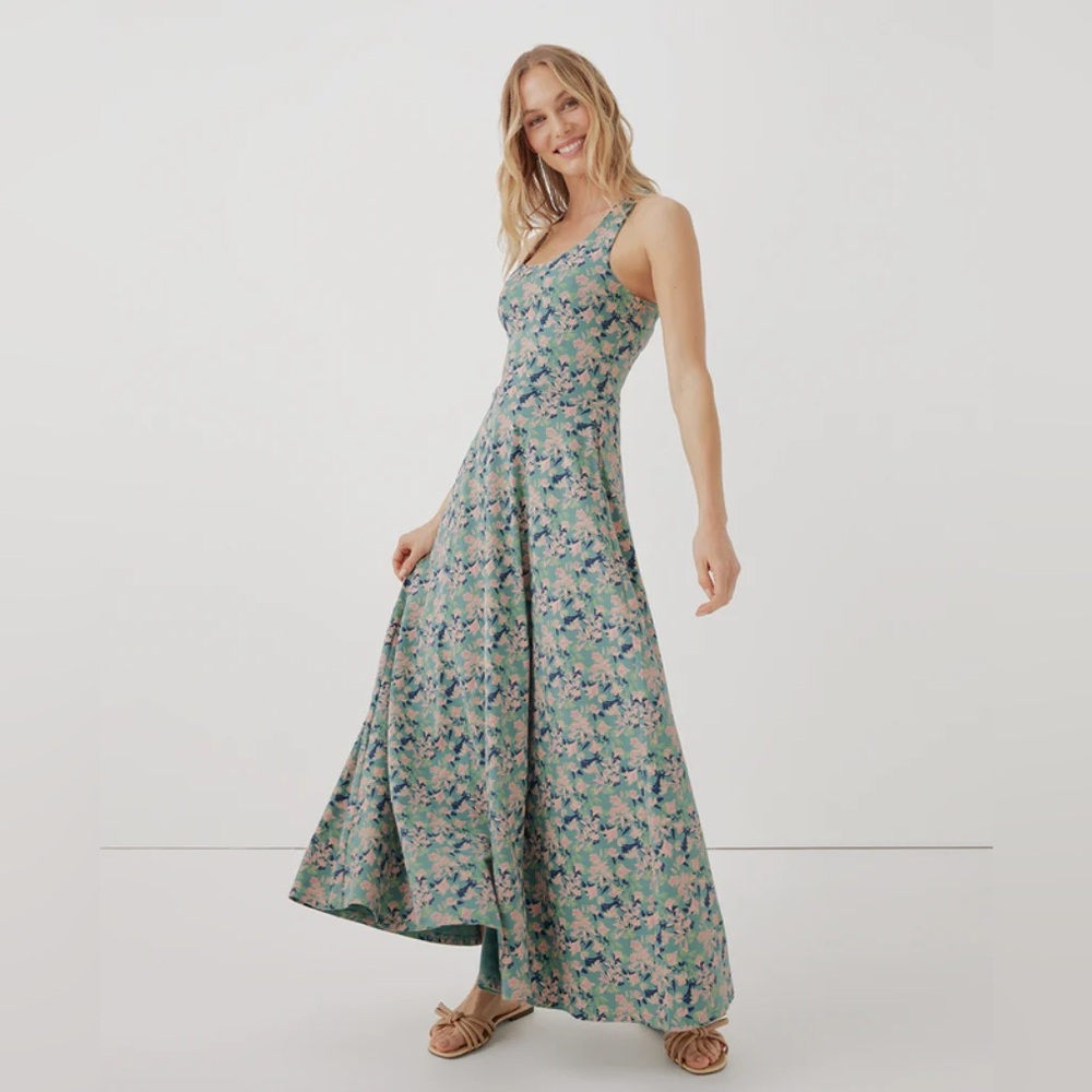 Pact Shadow Floral Spruce Fit & Flare Open Back Maxi Dress 3XL